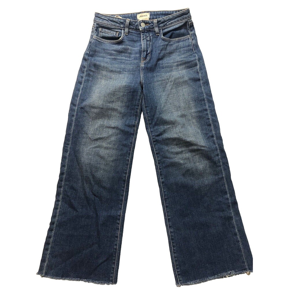 L’Agence Danica High Rise Wide Leg Cropped Denim Jeans Raw Hem Womens 26